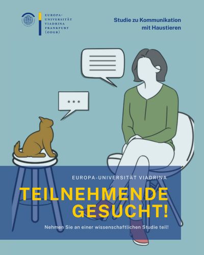 Grafik einer Person an einem Tisch mit einer Katze daneben mit der Überschrift "Teilnehmende Gesucht!"