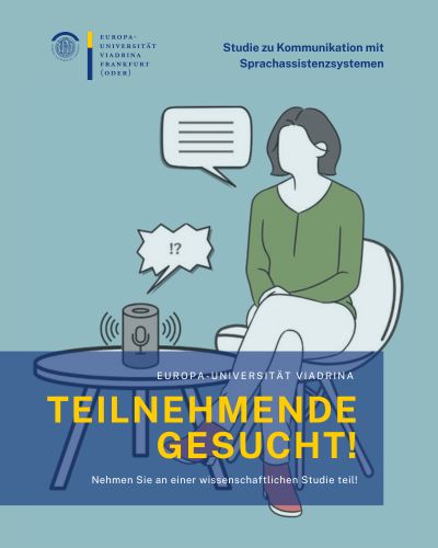 Grafik einer Person an einem Tisch, auf dem ein Sprachassistenzsystem steht mit der Überschrift "Teilnehmende Gesucht!"